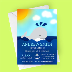 Cartoon Whale Summer Birthday Party Invitation Kaart