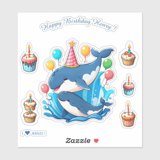 Cartoon Whales - Happy Birthday gepersonaliseerd Sticker (Vel)