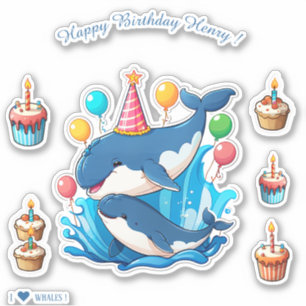 Cartoon Whales - Happy Birthday gepersonaliseerd Sticker