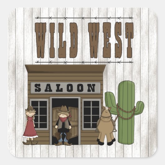 Cartoon Wild Western Fun Saloon Vierkante Sticker (Voorkant)