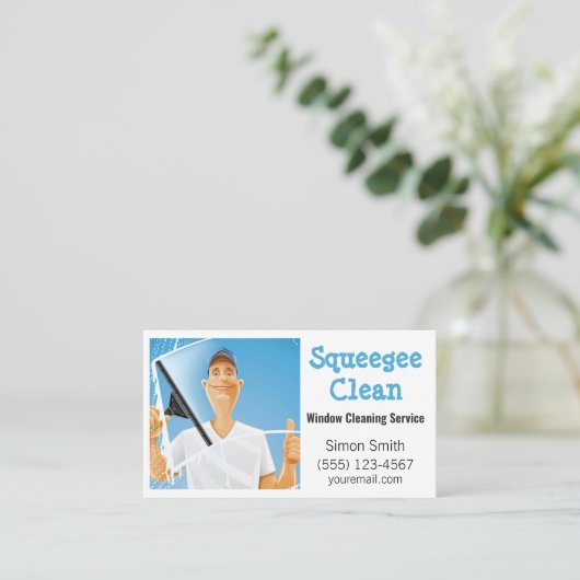 Cartoon Window Squeegee Cleaning Service Guy Visitekaartje (Staand voorkant)