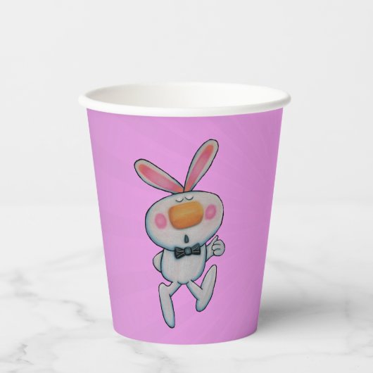 Cartoon wit konijn duimt op Oranje neus op roze Papieren Bekers (Voorkant)