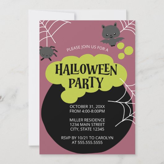 Cartoon Witch's Cauldron Kind Halloween Party Kaart (Voorkant)