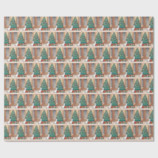 Cartoon witte kat door kerstboom cadeaupapier (Vlak)