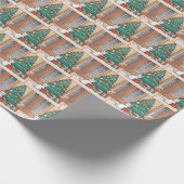 Cartoon witte kat door kerstboom cadeaupapier (Hoek)