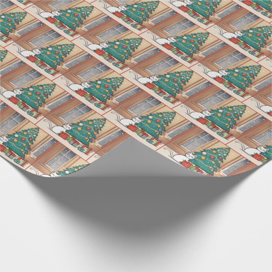 Cartoon witte kat door kerstboom cadeaupapier (Hoek)