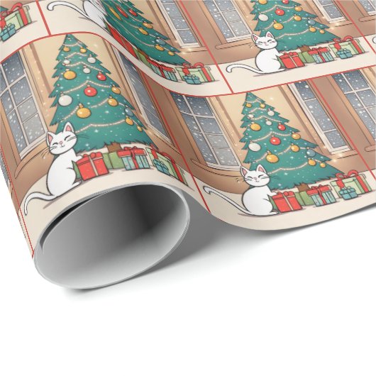 Cartoon witte kat door kerstboom cadeaupapier (Rol Hoek)