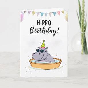 Cartoon Witte Kiddie Pool Hippo Verjaardag Kaart