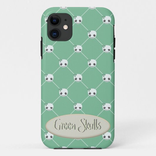 Cartoon Witte Schedels op Groen Embossed Text Effe Case-Mate iPhone Case (Achterkant)
