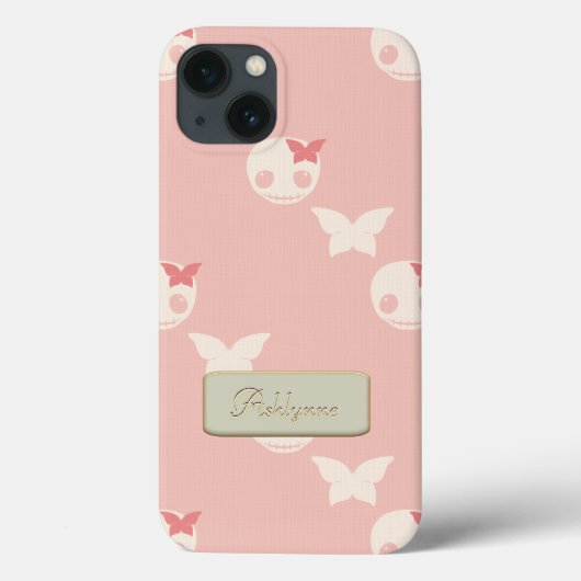Cartoon Witte Schedels op Roze Embossed Text Effec Case-Mate iPhone Case (Achterkant)