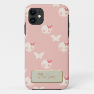 Cartoon Witte Schedels op Roze Embossed Text Effec iPhone 11 Hoesje
