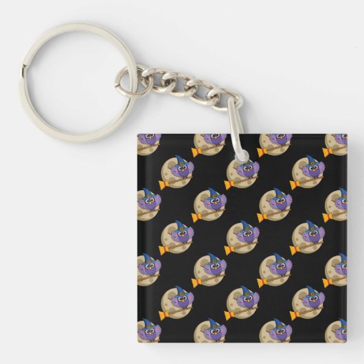 Cartoon Wizard Owl Flying on Broom Pattern Sleutelhanger (Voorkant)