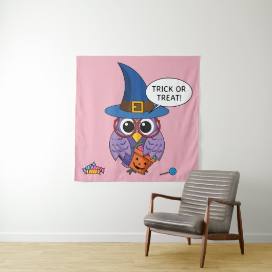 Cartoon Wizard Owl - Trick or treat Wandkleed (In situ)