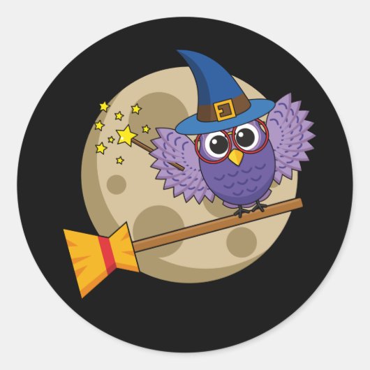 Cartoon Wizard Owl vliegen op kamer Ronde Sticker (Voorkant)
