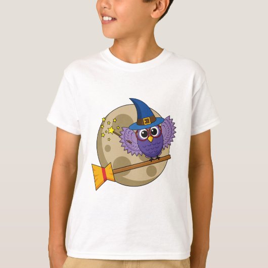 Cartoon Wizard Owl vliegen op kamer T-shirt (Voorkant)