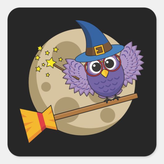Cartoon Wizard Owl vliegen op kamer Vierkante Sticker (Voorkant)