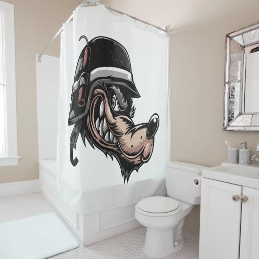 Cartoon wolf met dynamiet op zijn Duitse helm Douchegordijn (In situ)