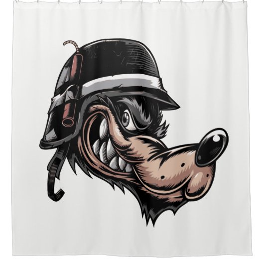 Cartoon wolf met dynamiet op zijn Duitse helm Douchegordijn (Voorkant)
