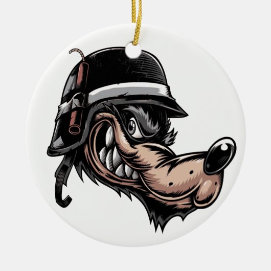 Cartoon wolf met dynamiet op zijn Duitse helm Keramisch Ornament (Voorkant)
