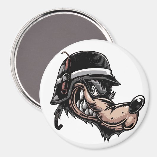 Cartoon wolf met dynamiet op zijn Duitse helm Magneet (Voorkant / Achterkant)