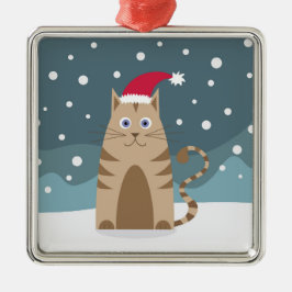 Cartoon xmas kat met een kerstmanhoed op sneeuw metalen ornament