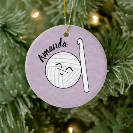 Cartoon Yarn Ball & Crochet Hook + Naam Keramisch Ornament
