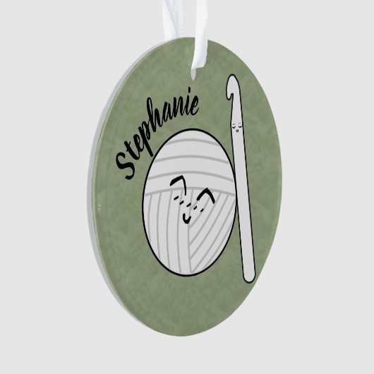 Cartoon Yarn Ball & Crochet Hook + Name Ornament (voorkant)