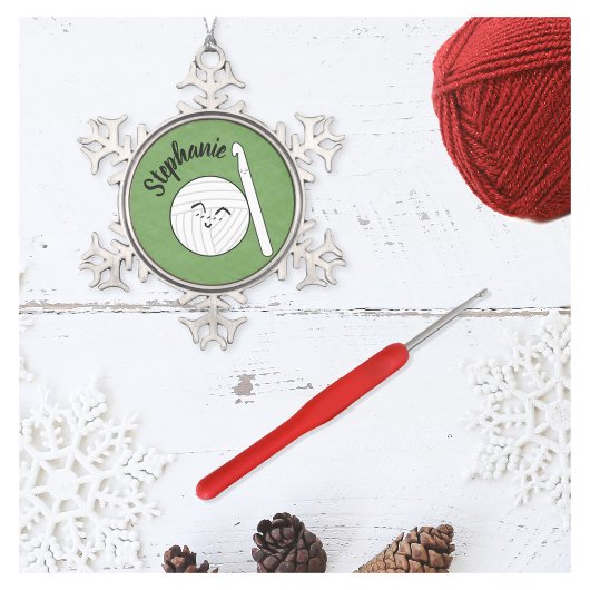 Cartoon Yarn Ball & Crochet Hook + Name Ornament