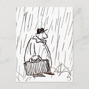 Cartoon zakenman aktentas man in regen briefkaart