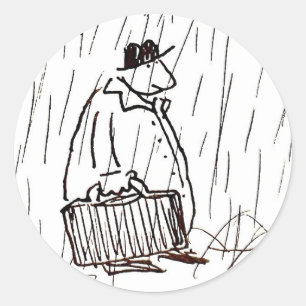 Cartoon zakenman aktentas man in regen ronde sticker