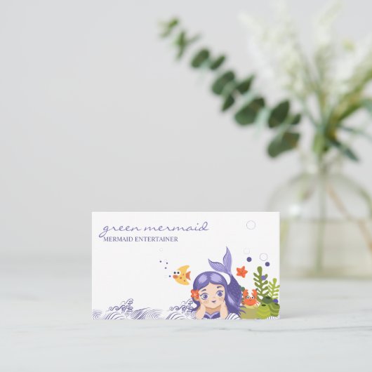Cartoon Zee Paarse Cute Mermaid Visitekaartje (Staand voorkant)