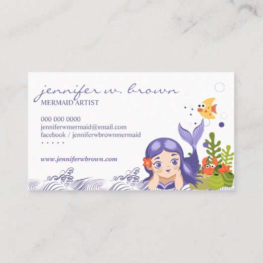Cartoon Zee Paarse Cute Mermaid Visitekaartje (Achterkant)