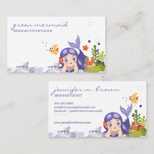 Cartoon Zee Paarse Cute Mermaid Visitekaartje (Voorkant / Achterkant)