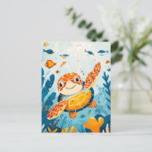 Cartoon Zee Schildpad Zwemt In Kelp Forest Briefkaart (Staand voorkant)