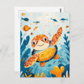 Cartoon Zee Schildpad Zwemt In Kelp Forest Briefkaart (Voorkant / Achterkant)