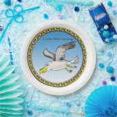 Cartoon zeemeeuw met een gouden lijst boven haar h papieren bordje (Feest)