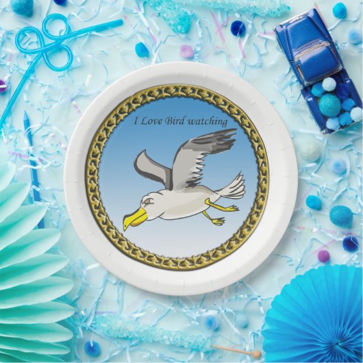 Cartoon zeemeeuw met een gouden lijst boven haar h papieren bordje (Feest)