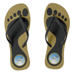 Cartoon zeemeeuw met gouden textuur teenslippers