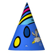 Cartoon zeemeeuw met kleurrijke sterren en cirkels feesthoedjes (Links)