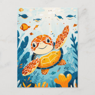 Cartoon zeeschildpad zwemt in kelpbos briefkaart