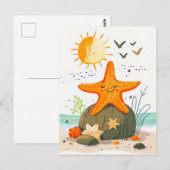 Cartoon Zeester op Steen bij Oceaan Briefkaart (Voorkant / Achterkant)