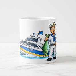 Cartoon Zeiler met Jacht en Vis Nautische Kunst Grote Koffiekop
