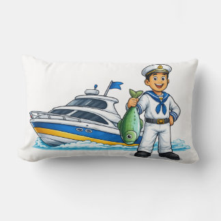 Cartoon Zeiler met Jacht en Vis Nautische Kunst Kussen