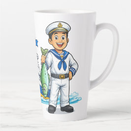 Cartoon Zeiler met Jacht en Vis Nautische Kunst Latte Mok