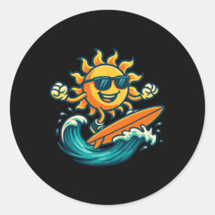 Cartoon Zon Surft op Zomer Strand Golf Kunst Ronde Sticker