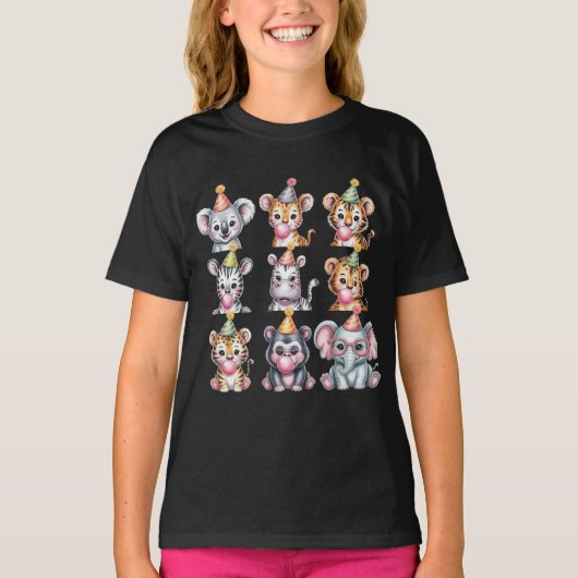 Cartoon Zoo Animals with Party Hats & Bubble Gum T-shirt (Voorkant)