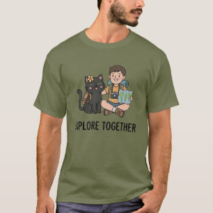 Cartoon Zwart Kat Jongen Avonturenkaart Bloemendet T-shirt