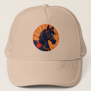 Cartoon zwart paard met levendige achtergrond trucker pet