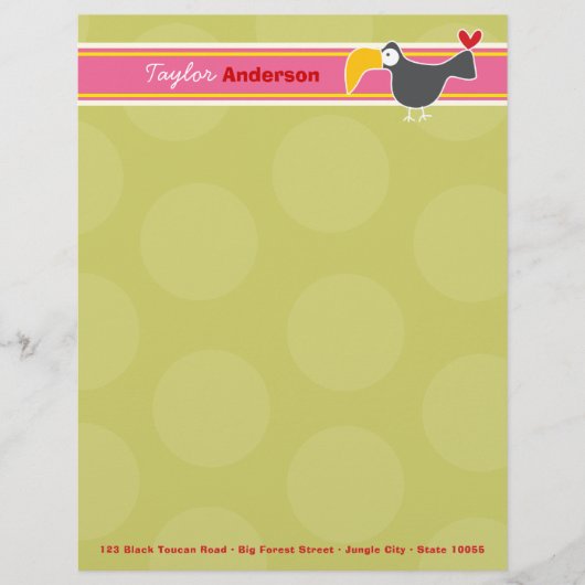 Cartoon Zwart Toucan Vogelgroen Stippen Kinder Kin Briefhoofd Ontwerp (Voorkant)