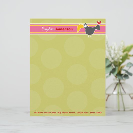 Cartoon Zwart Toucan Vogelgroen Stippen Kinder Kin Briefhoofd Ontwerp (Staand voorkant)
